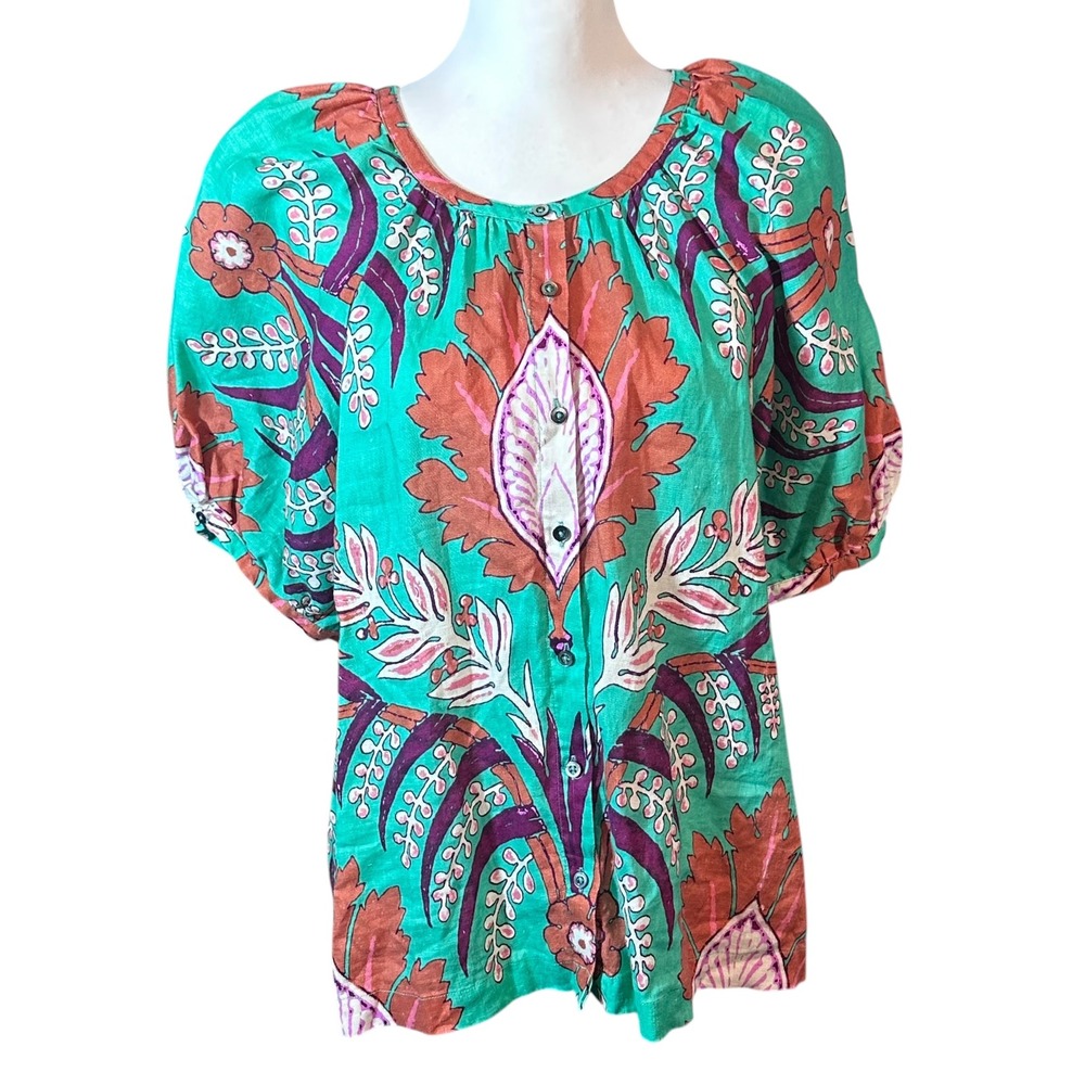 Sundance 100% Linen Blouse Women's Large Green Floral Puff‎ Sleeve Button Front